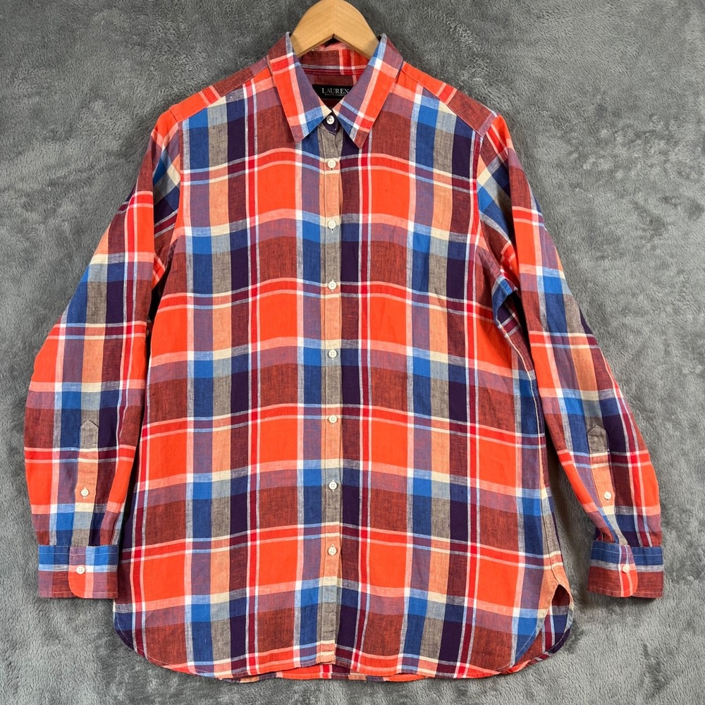 Lauren Ralph Lauren Linen Shirt Womens Large Orange Blue Check Plaid Long Sleeve